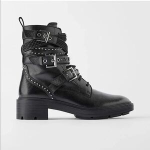 Zara Black Buckle, Pearl & Stud Combat Boots sz 38 like new